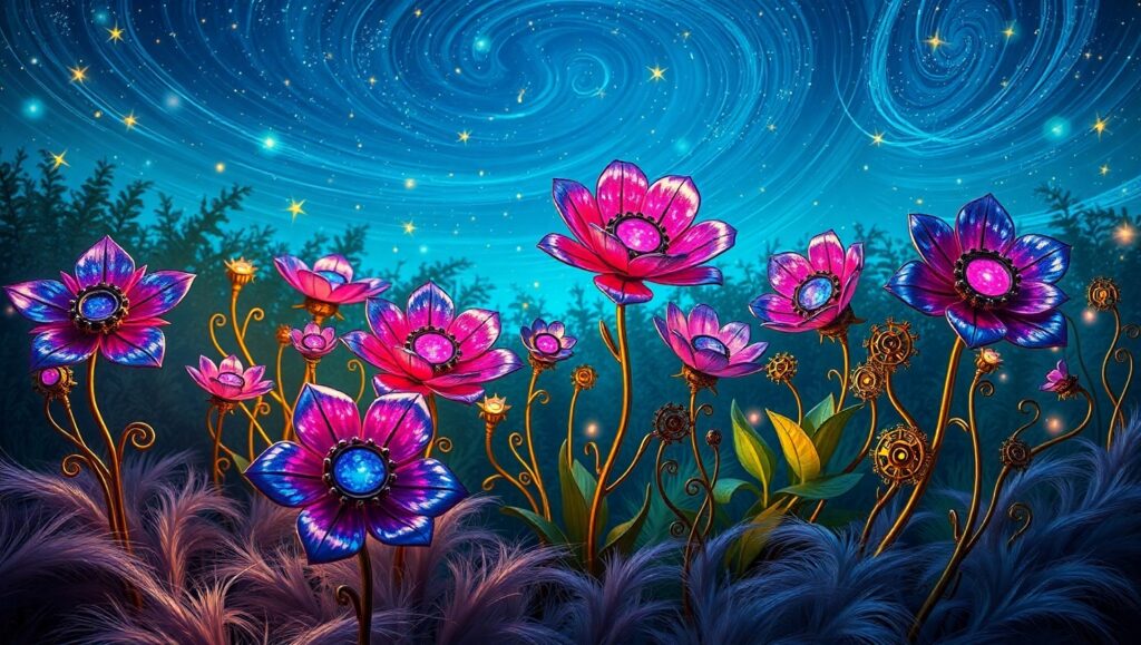Mechanical Garden Under Stars – free AI stock image