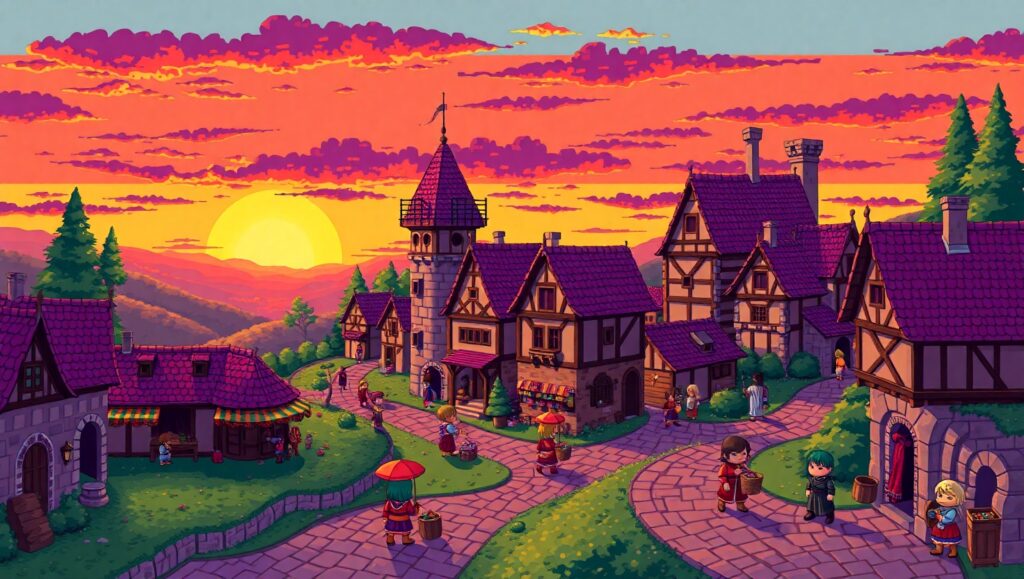 Medieval Village at Sunset – free AI stock image