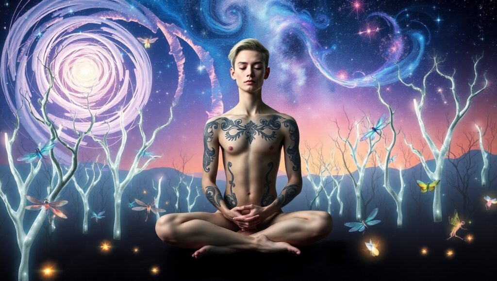 Meditation Among Cosmic Trees – free AI stock image