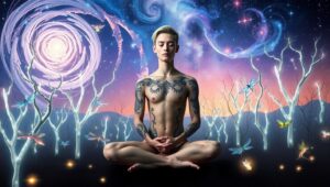 Meditation Among Cosmic Trees – free AI stock image