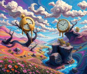 Melting Clocks in a Dreamy Landscape – free AI stock image