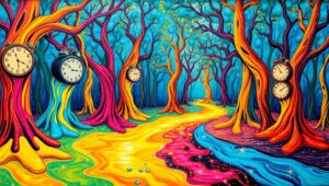 Melting Clocks in Enchanted Forest – free AI stock image