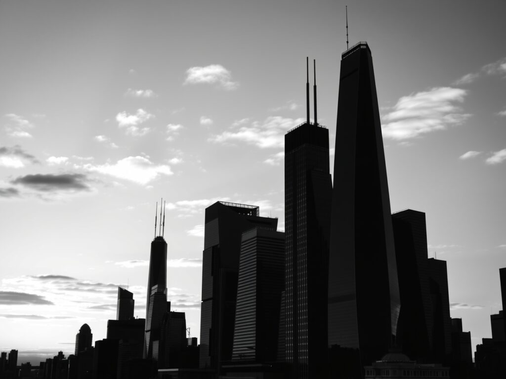 Minimalist Monochrome Cityscape at Dusk – free AI stock image