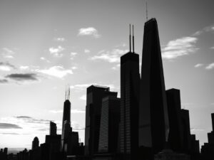 Minimalist Monochrome Cityscape at Dusk – free AI stock image