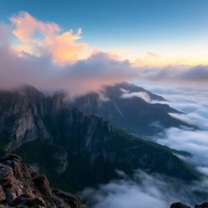 Mist-Covered Mountains at Dawn – free AI stock image