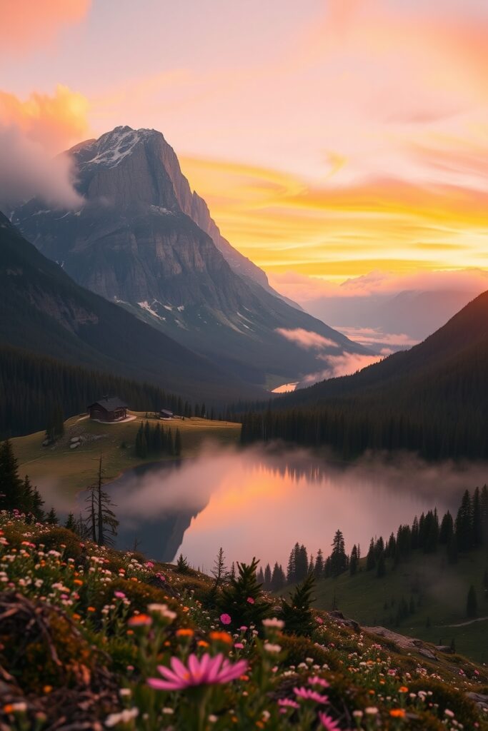 Mist-covered Mountains at Dawn – free AI stock image