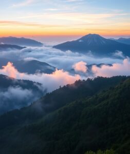 Mist-covered Mountains at Dawn – free AI stock image