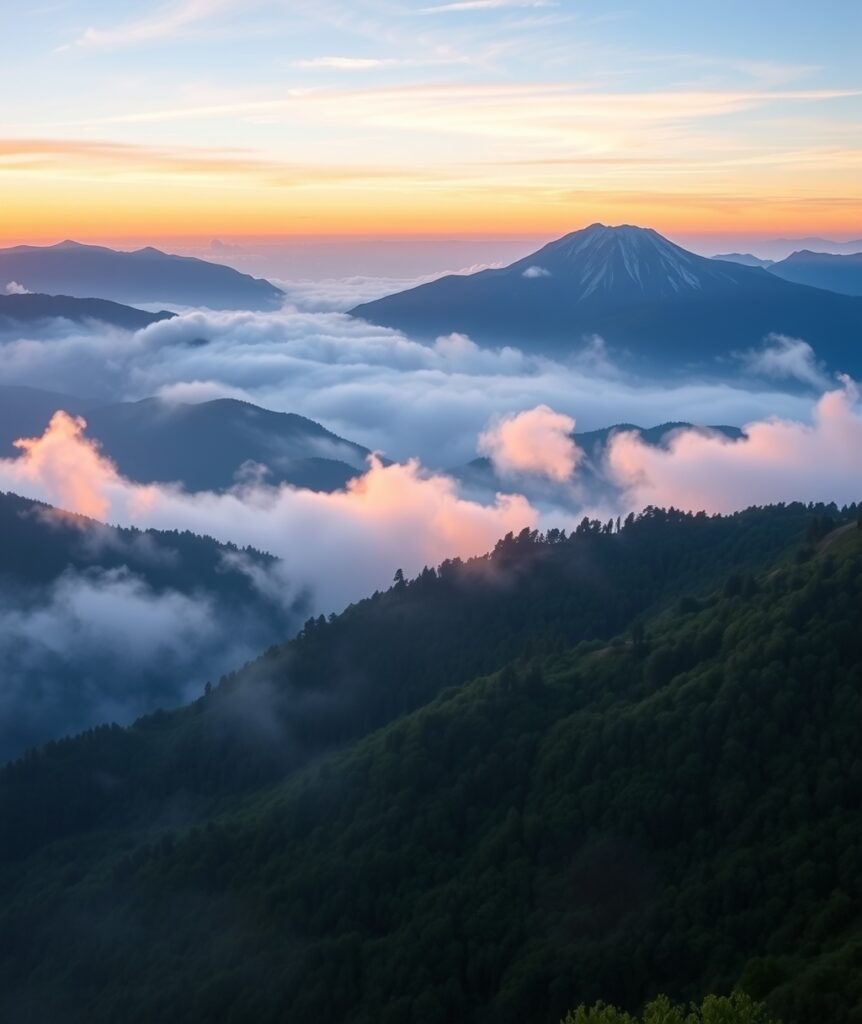 Mist-covered Mountains at Dawn – free AI stock image
