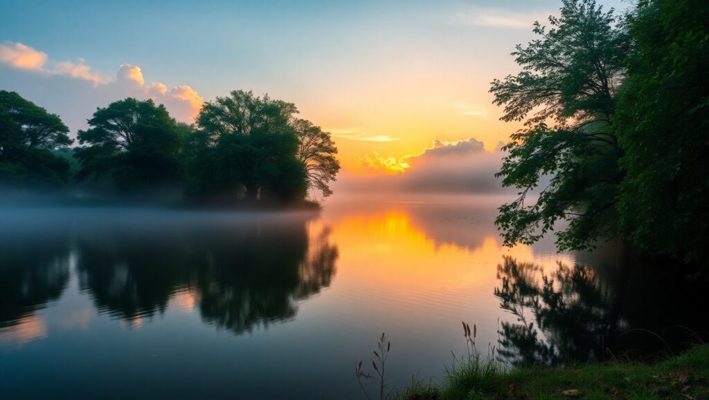 Mist Over the Tranquil Lake – free AI stock image
