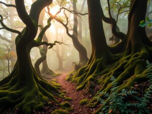 Misty Dawn in a Whispering Forest – free AI stock image