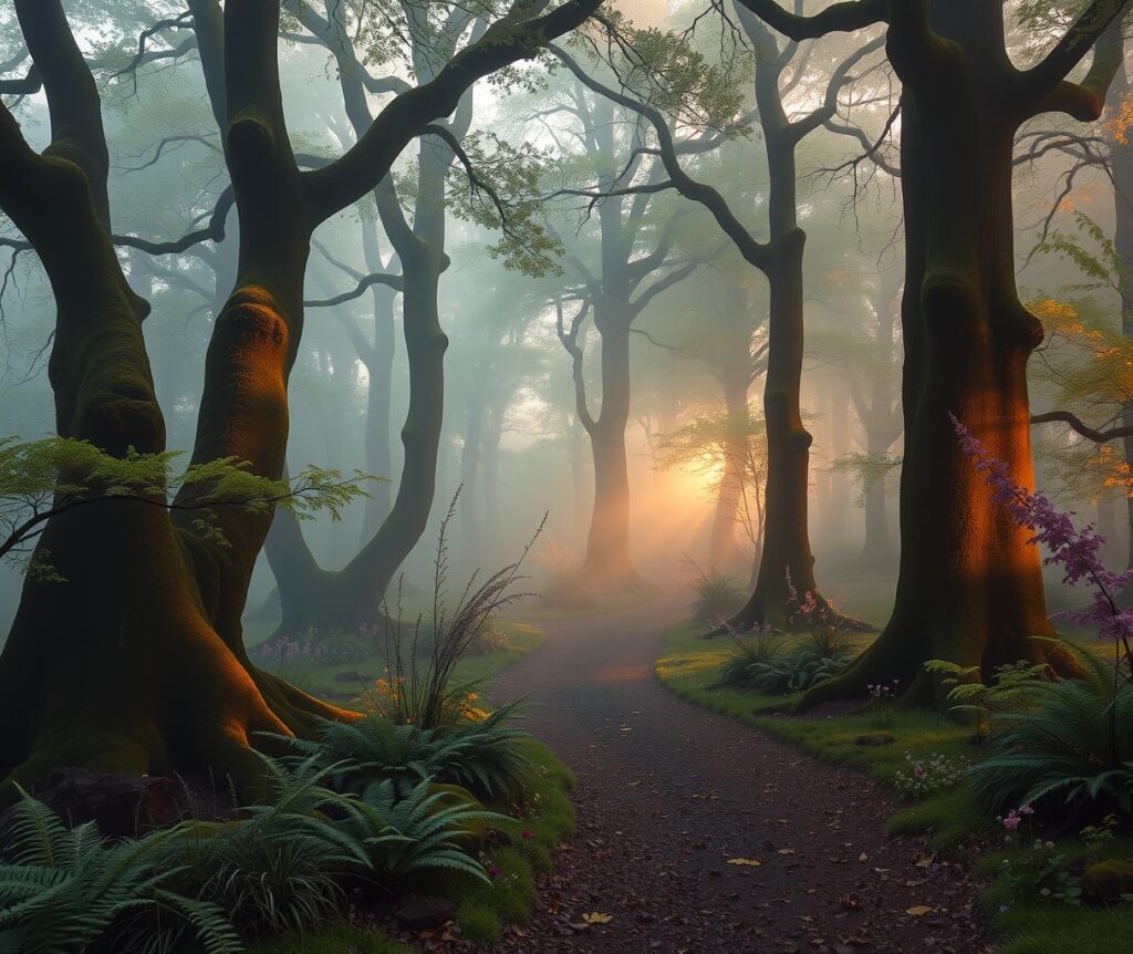 Misty Dawn in Enchanted Forest Pathway – free AI stock image