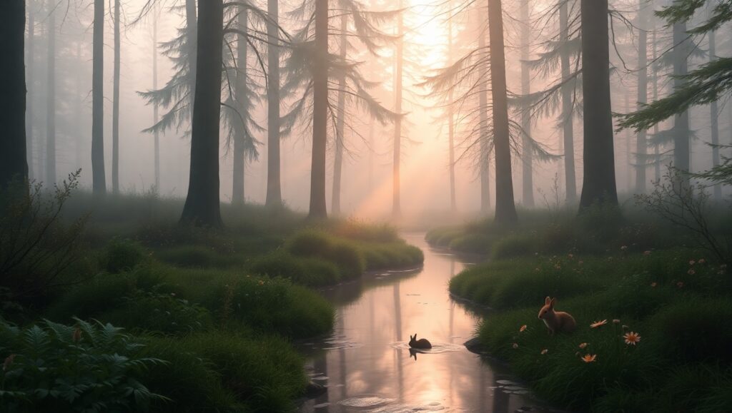 Misty Dawn in the Forest – free AI stock image