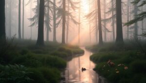 Misty Dawn in the Forest – free AI stock image