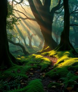 Misty Enchanted Forest at Dawn – free AI stock image