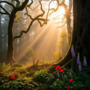 Misty Forest at Dawn with Sunbeams – free AI stock image