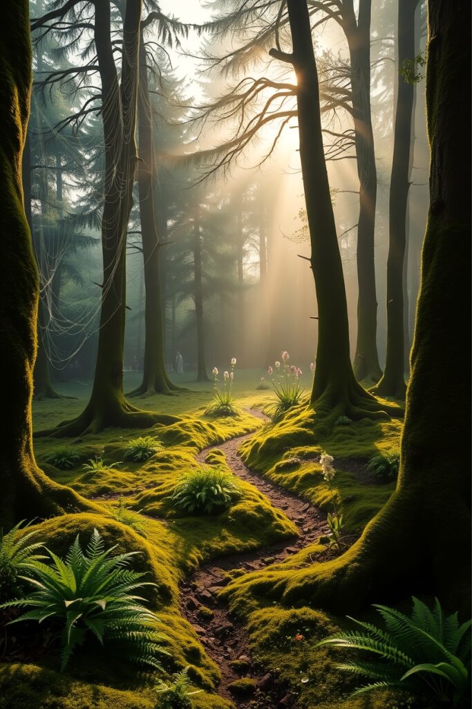 Misty Forest at Dawn with Sunbeams – free AI stock image