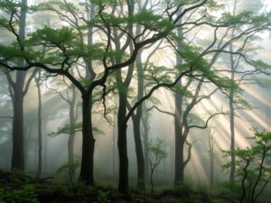 Misty Forest Background with Soft Light – free AI stock image