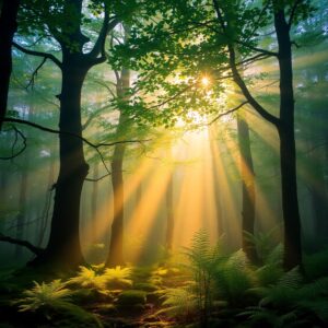 Misty Forest Background with Sunlight Rays – free AI stock image