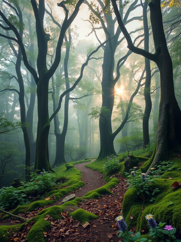 Misty Forest Grove at Dawn – free AI stock image