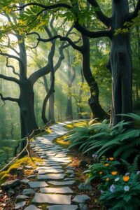 Misty Forest Path with Sunlight Filtering Through Trees – free AI stock image