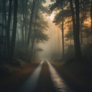 Misty Forest Pathway at Dawn – free AI stock image