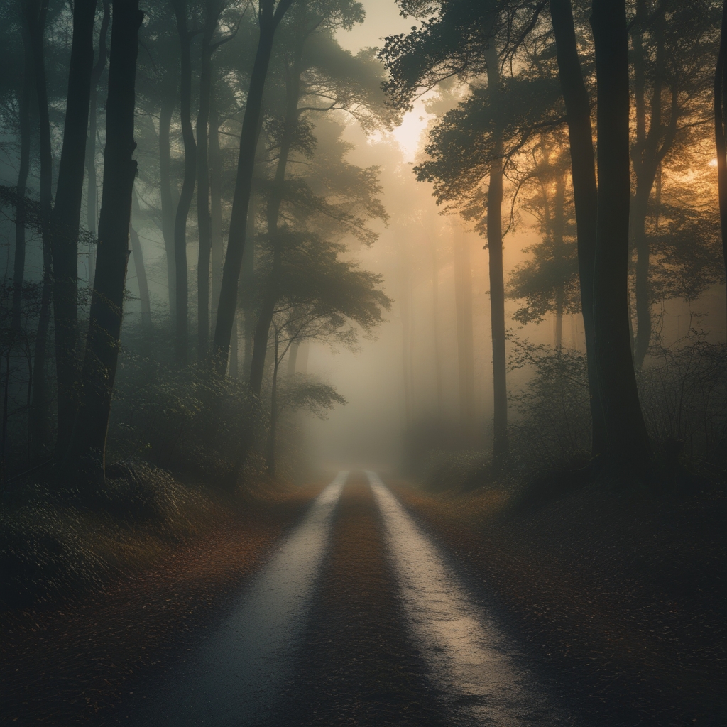Misty Forest Pathway at Dawn – free AI stock image