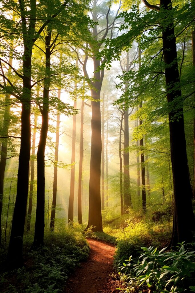Misty Forest Under Morning Sunlight – free AI stock image