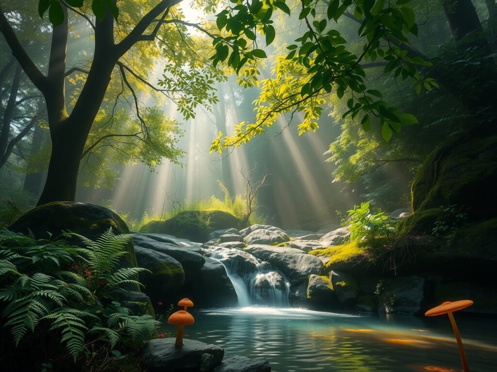 Misty Forest with Gentle Waterfall – free AI stock image
