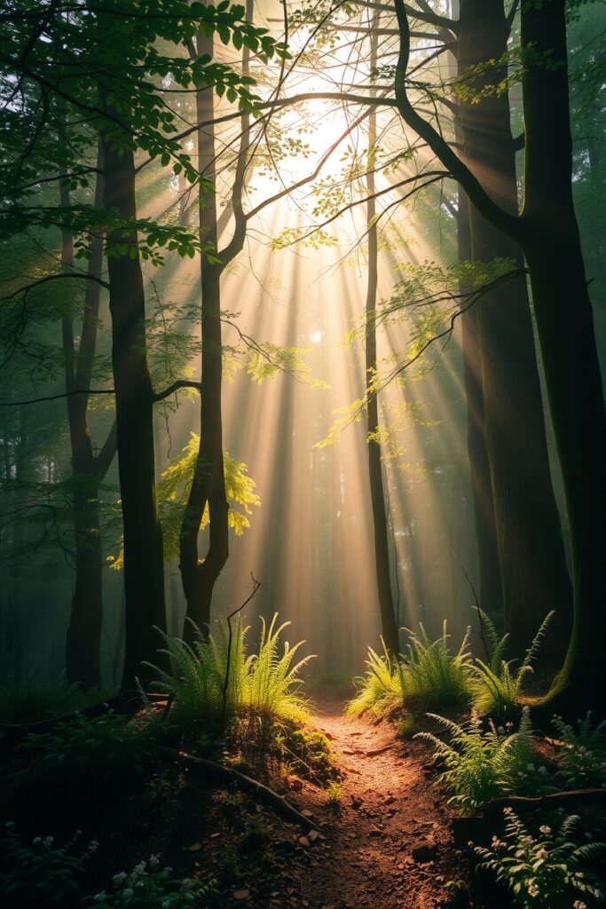 Misty Forest with Sunlight Filtering Through Trees – free AI stock image