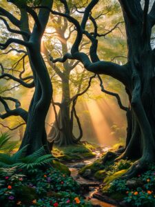 Misty Forest with Sunlight Filtering Through Trees – free AI stock image