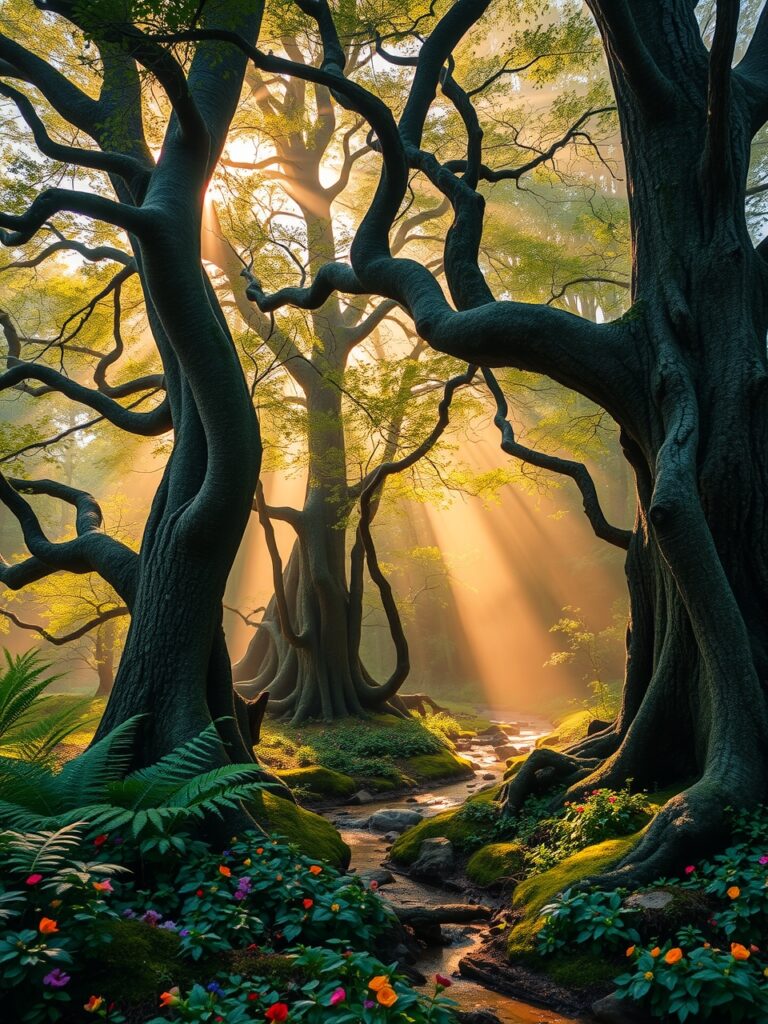 Misty Forest with Sunlight Filtering Through Trees – free AI stock image