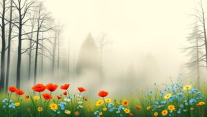 Misty Forest with Wildflowers – free AI stock image