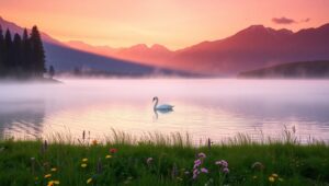 Misty Lake at Dawn – free AI stock image