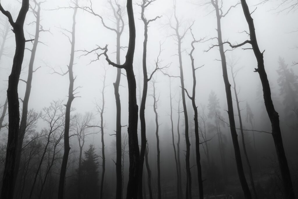 Misty Monochrome Forest Landscape – free AI stock image