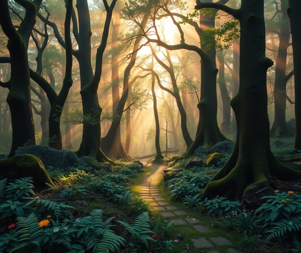 Misty Morning in the Enchanted Forest – free AI stock image
