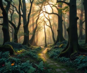 Misty Morning in the Enchanted Forest – free AI stock image