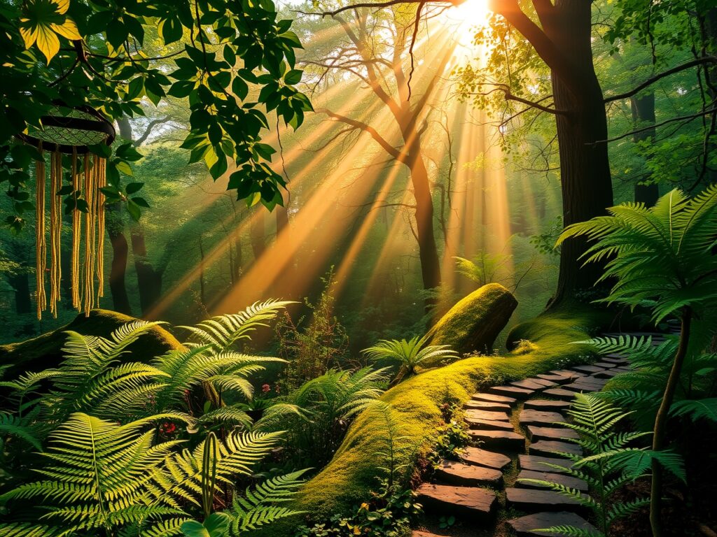 Misty Morning Glow in the Enchanted Forest – free AI stock image