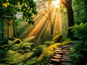 Misty Morning Glow in the Enchanted Forest – free AI stock image