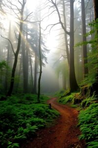 Misty Morning in a Lush Forest – free AI stock image