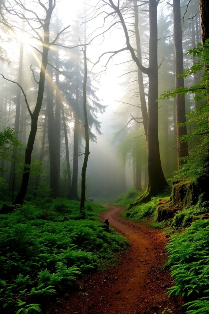Misty Morning in a Lush Forest – free AI stock image