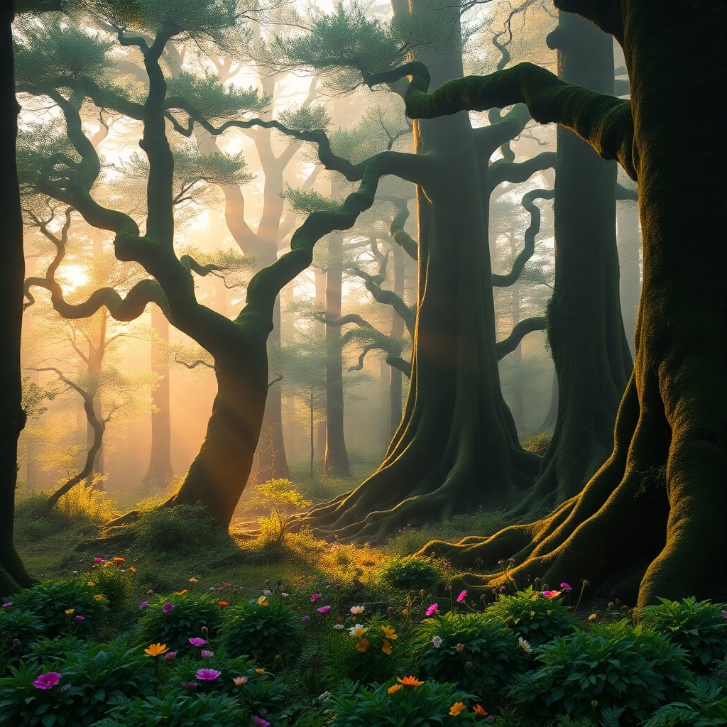 Misty Morning in a Lush Forest – free AI stock image