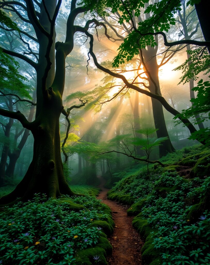 Misty Morning in a Lush Green Forest – free AI stock image