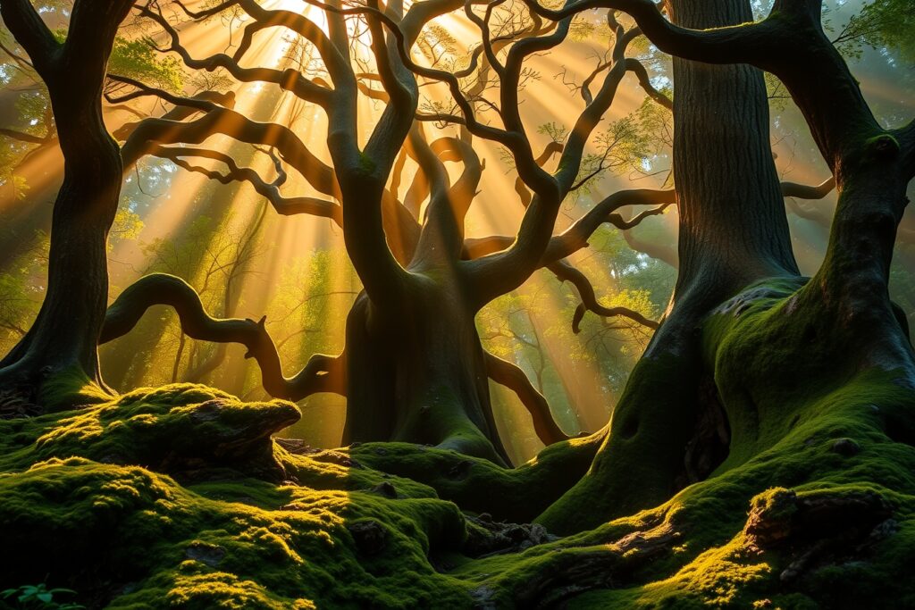 Misty Morning in a Serene Forest – free AI stock image