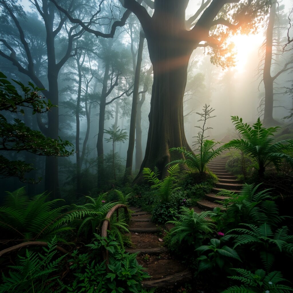 Misty Morning in a Serene Forest – free AI stock image