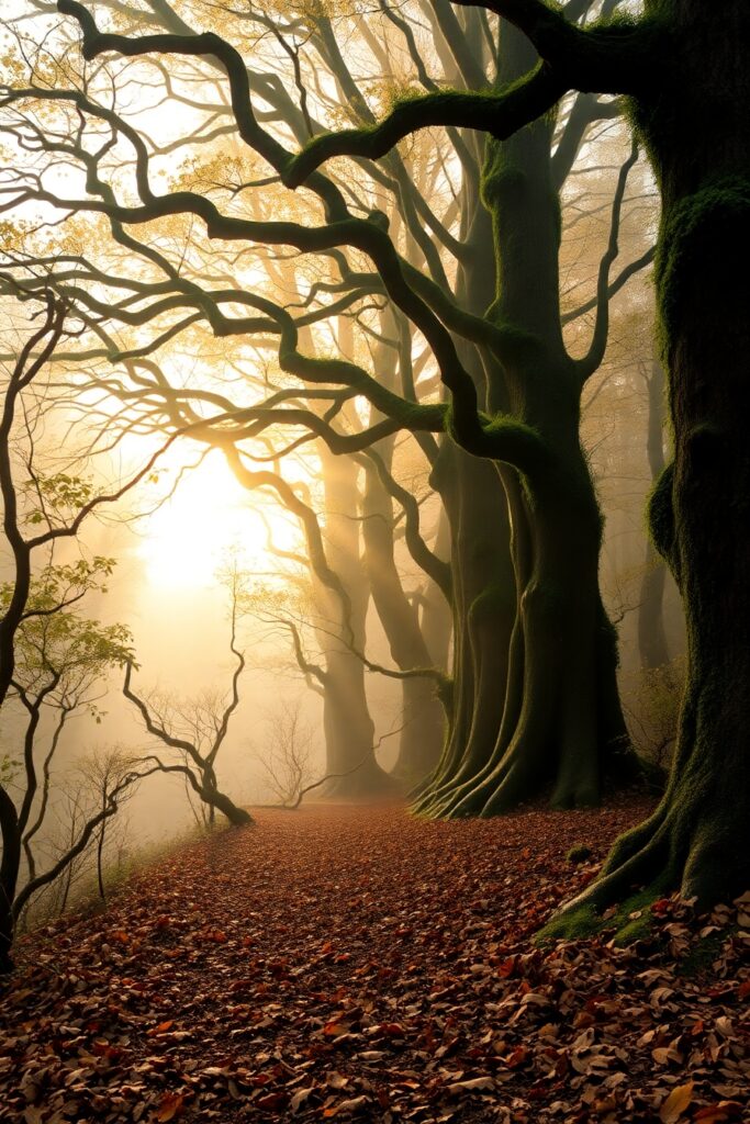 Misty Morning in a Serene Forest – free AI stock image