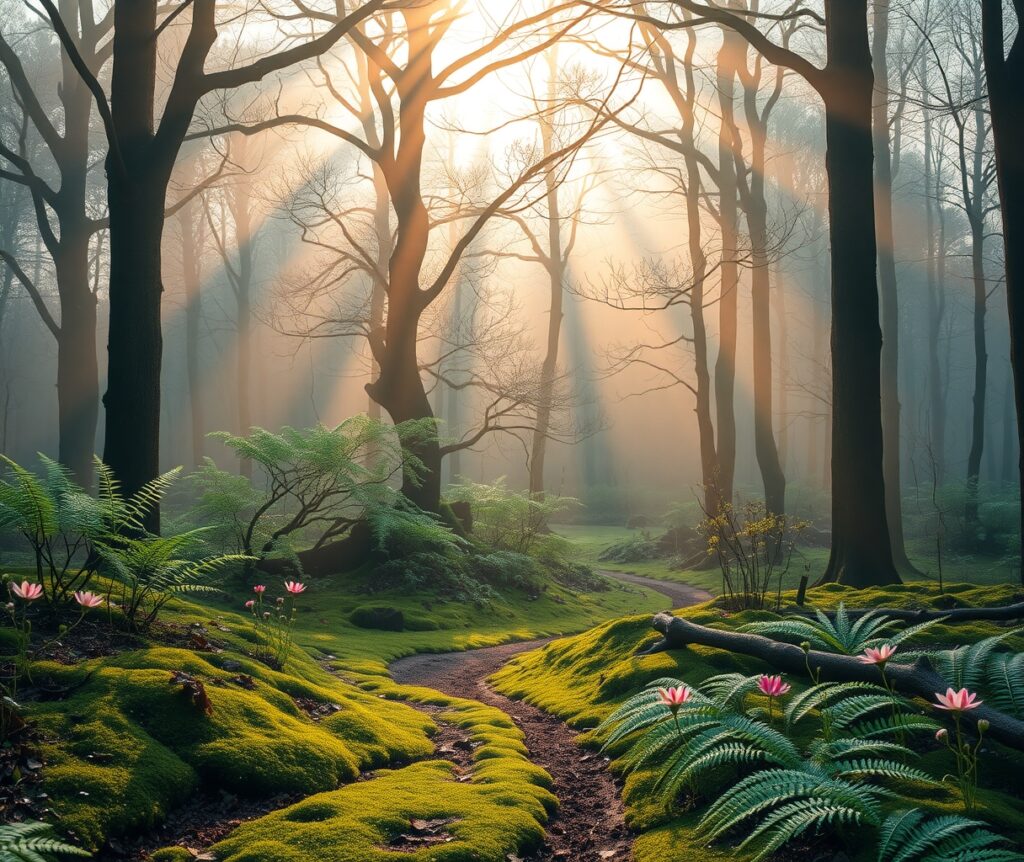 Misty Morning in a Serene Forest – free AI stock image