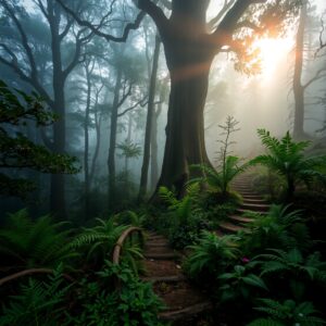Misty Morning in a Serene Forest – free AI stock image