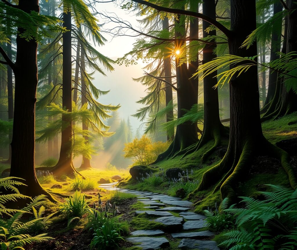 Misty Morning in a Tranquil Forest – free AI stock image
