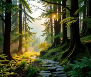Misty Morning in a Tranquil Forest – free AI stock image