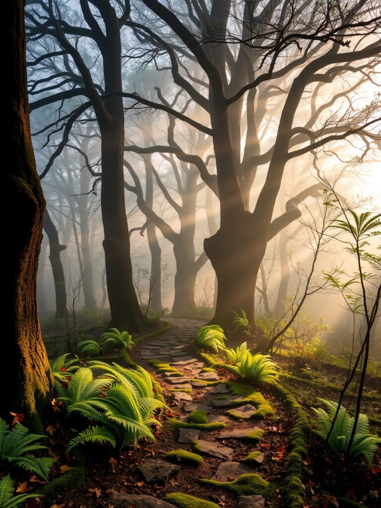 Misty Morning in a Tranquil Forest – free AI stock image